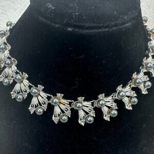 Charel Necklace Regal Retro Glam Rhodium Faux Pearls and Rhinestones
